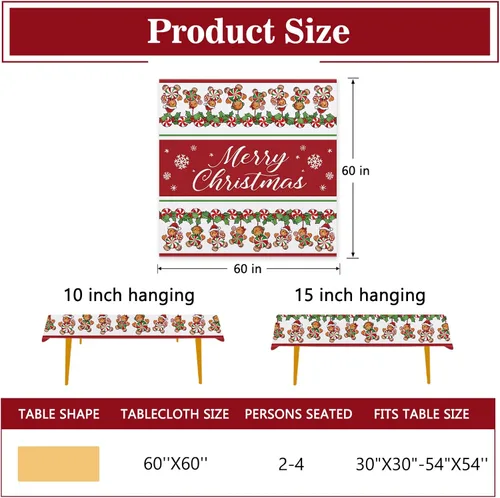 Miniatura 2 de Mantel cuadrado de hombre de jengibre con texto en inglés "Merry Christmas" de 60 x 60 pulgadas, mantel decorativo para mesa de comedor, decoración