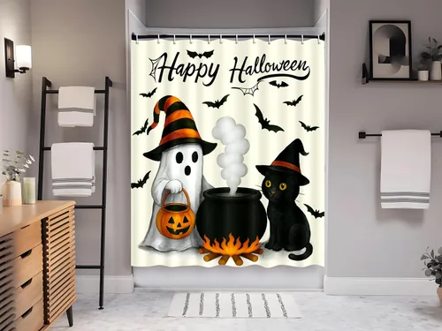 Miniatura 6 de Tieshankao Decoración de baño de Halloween, cortina de ducha de calabaza fantasma, gato, decoración espeluznante con 12 ganchos de 72 x 72 pulgadas