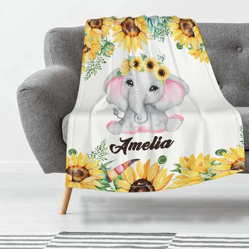 Miniatura 2 de Manta de bebé personalizada con nombre, elefante y girasol, manta de forro polar personalizada para niñas, niños, baby shower, regalo de cumpleaños