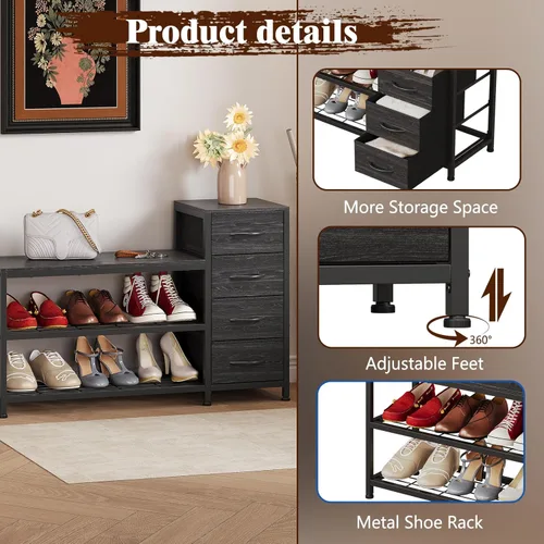 Miniatura 3 de EXOTICA Banco de entrada de 3 niveles con almacenamiento para zapatos, banco con 4 cajones de tela, marco metálico y tablero de madera, zapatero