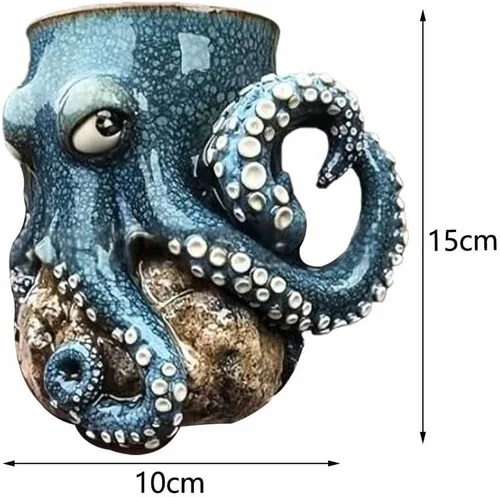 Miniatura 7 de Taza de pulpo de criatura oceánica para decoración del hogar, soporte para bolígrafo de pulpo 3D, único y novedoso con mango de tentáculo, bigote