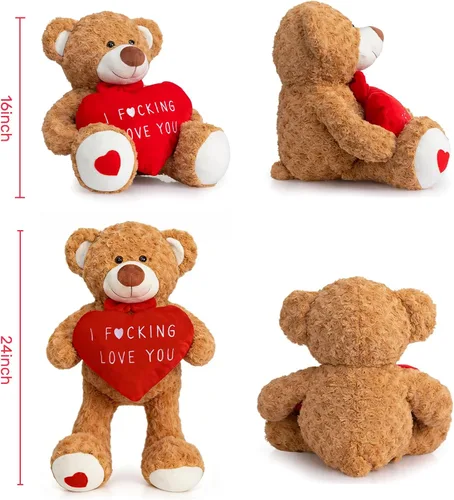 Miniatura 5 de HollyHOME Oso de peluche de San Valentín de 24 pulgadas con corazón rojo, regalo de San Valentín para ella, novia, novio, amante, color marrón