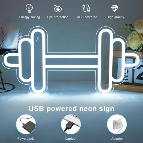 Miniatura 3 de Letrero de neón de gimnasio Lucunstar en forma de barra y mancuerna Luces de neón blancas pegatinas de pared para gimnasio para decoración de club