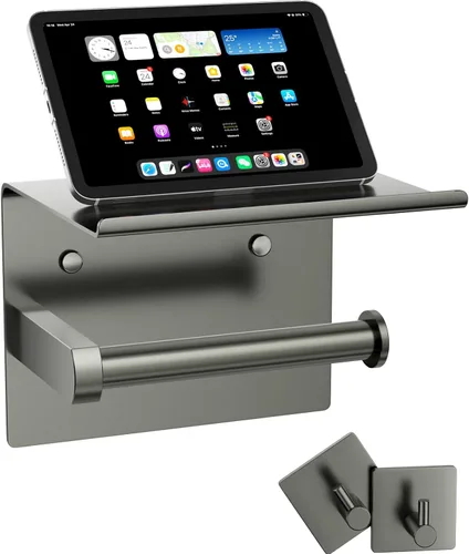 Miniatura 14 de Tindbea Soporte de papel higiénico con estante para teléfono + Ganchos para albornoz adhesivo o con tornillos, montaje en pared para almacenamiento