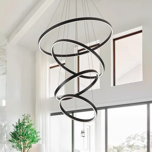 Candelabro Grande Moderno, Candelabro de Anillo de 15.7"-31.4" Candelabro LED Negro, Candelabro de Techo Alto 3000K con 4 Anillos, Candelabros