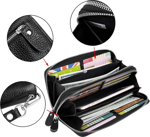 Miniatura 3 de YALUXE Cartera de cuero para mujer con bloqueo RFID, doble cremallera, tamaño grande, para smartphone