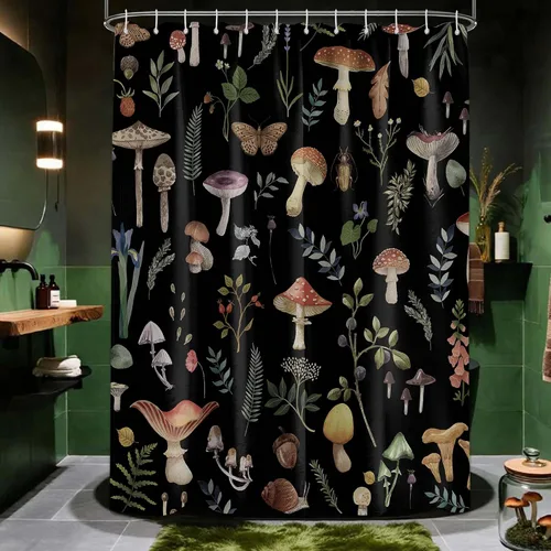 Miniatura 10 de Cortina de ducha de hongos, bonito juego de cortinas de ducha de hongos negros para decoración de baño, tela de poliéster impermeable con ganchos