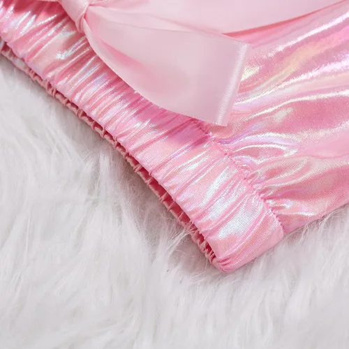 Miniatura 3 de ZYBOUTIC Pantalones cortos metálicos para niñas pequeñas, pantalones cortos brillantes de piel sintética de poliuretano, cintura elástica