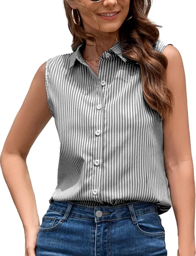 Miniatura 18 de YAMANMAN Camisa sin mangas con botones para mujer, blusa clásica con cuello redondo, camiseta básica de gasa para el trabajo y la oficina