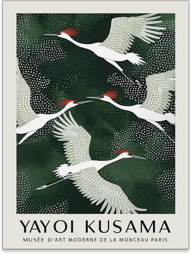 Heltrappe Yayoi Kusama - Póster de grúas blancas voladoras japonesas, moderno, vintage, estampado de pájaros verdes para sala de estar, dormitorio,