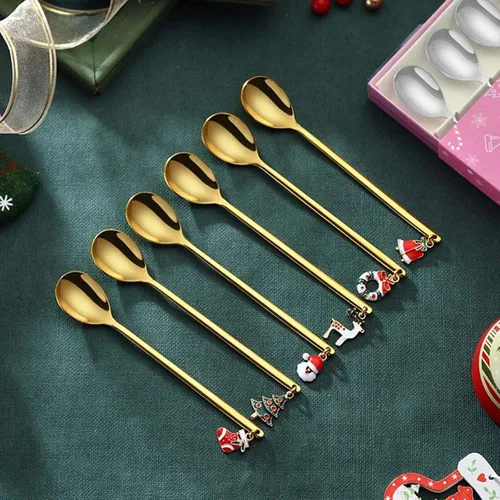 Miniatura 6 de JapanAmStore - 6 cucharas de café de acero inoxidable con colgante de Navidad, cuchara de sopa, cuchara de té, cuchara de postre para decoración