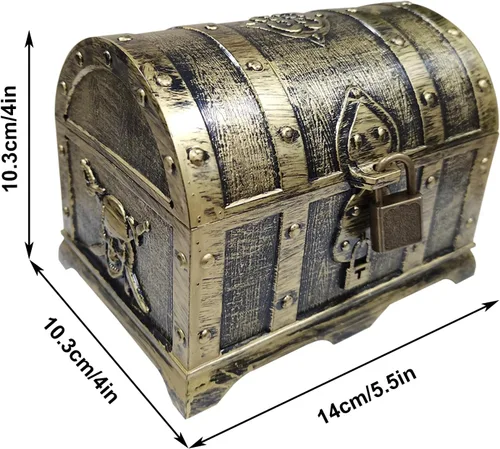 Miniatura 2 de Cofre del tesoro pirata para niños, cofre con revestimiento de bronce vintage con cerradura y llave para juegos de caza, premios de caja pequeña