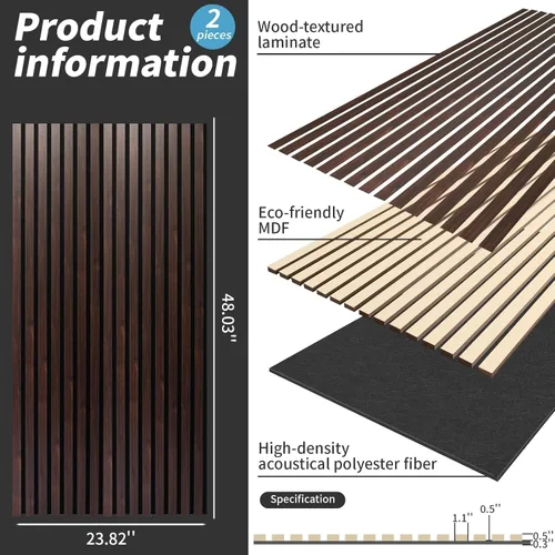 Miniatura 2 de AMZDEPOT Panel de pared de listones de madera, paneles de madera de 48 x 24 pulgadas para pared, paneles de pared insonorizados 3D, paneles Nogal