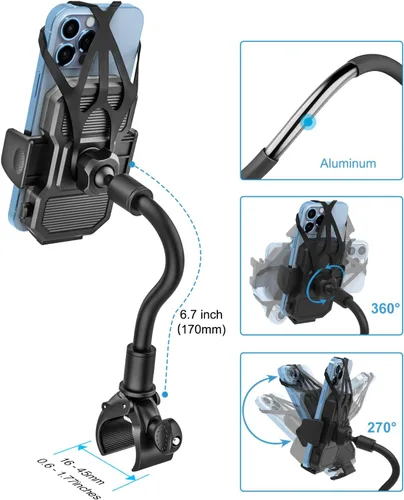 Miniatura 5 de Soporte de teléfono para bicicleta giratoria de cuello de cisne, clip para manubrio, soporte para teléfono celular para bicicleta de ejercicio
