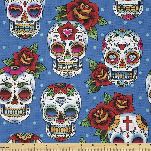 Miniatura 90 de Ambesonne The Yard, tela de calavera colorida con temática de Halloween, diseño de calavera y huesos cruzados, divertido estampado de dibujos