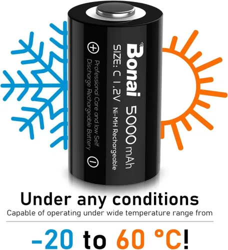 Miniatura 7 de BONAI Baterías C recargables, células C 5000mAh 1.2V Ni-MH de alta capacidad de tamaño C (paquete de 4)