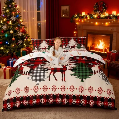 Miniatura 48 de Juego de funda de edredón para niños con diseño de Navidad, tamaño individual, camiones rojos y árboles de pino con copos de nieve, decoración