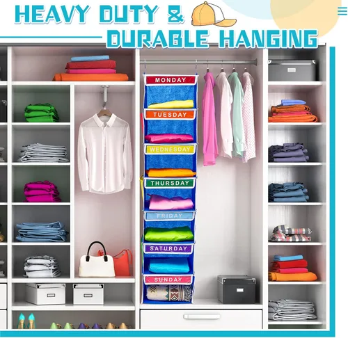Miniatura 6 de Amylove Organizador semanal de ropa para niños, 2 piezas, con 7 estantes, organizador colgante de armario de 11.8 x 11.8 x 50 pulgadas, actividades