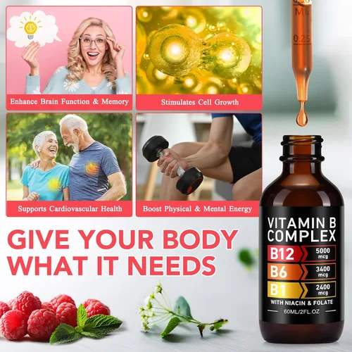 Miniatura 9 de Frovetani - Complejo orgánico de vitamina B para mujeres, 2 unidades líquidas Vitamina B12 Metilcobalamina, vitamina B6, B1, B9, apoyo metabólico