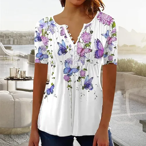 Miniatura 2 de SMIDOW Womens Tunic Tops Trendy Vintage Boho Shirts Short Sleeve Notch v Neck t-Shirt 2023 Casual Summer Blouse Empire Waist