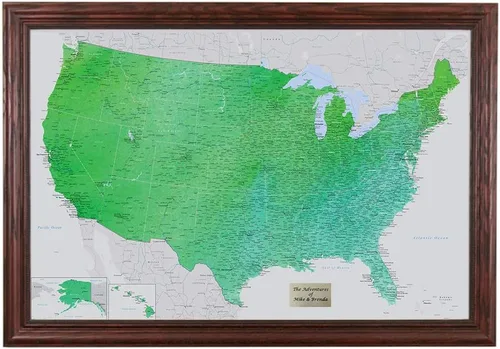 Miniatura 20 de Push Pin Travel Maps Encantador verde esmeralda personalizado Estados Unidos con alfileres y marco marrón de 27.5 x 39.5 pulgadas - Mapa tus viajes