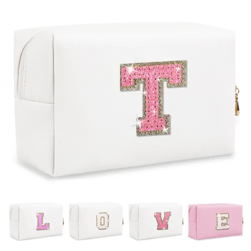 Miniatura 352 de Pequeña bolsa de maquillaje personalizada con inicial A-Z Preppy Patch, bolsa de cosméticos de viaje de felpilla blanca con cremallera, bonita bolsa