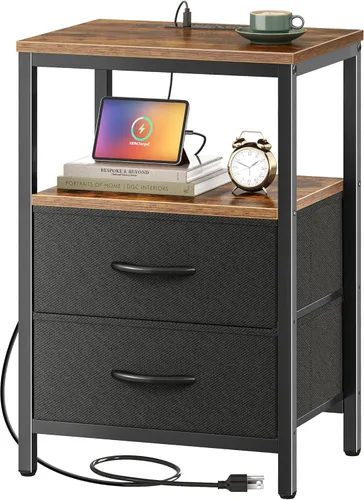 Miniatura 10 de Huuger - Mesita de noche con estación de carga, mesa auxiliar con 2 cajones de tela, mesa de centro con estante abierto, mesita de cama con puerto