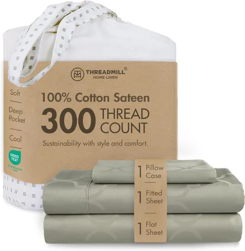 Miniatura 53 de Threadmill Sábanas 100% Algodón para Cama Tamaño King Juego de Sábanas de 4 Piezas para Cama King Suave, Transpirable y Ligero Satén de Damasco