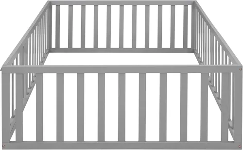 Miniatura 7 de Cama de suelo para niños, marco de cama Montessori de tamaño matrimonial con barandillas de valla para niños, camas de madera para niños y niñas