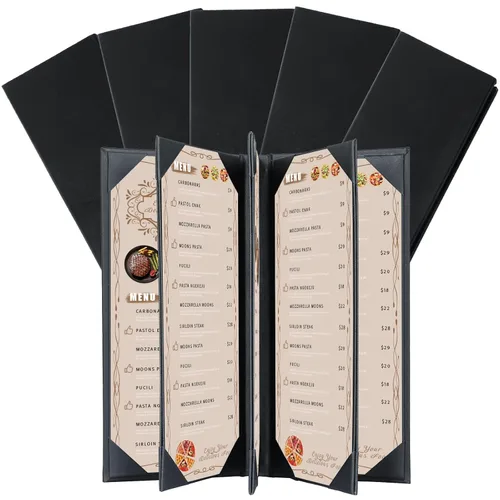 Miniatura 14 de Fundas para menú de restaurante de 4.25 x 11 pulgadas Paquete de 10 paneles de cuero sintético cuádruples con 6 esquinas anguladas para vista