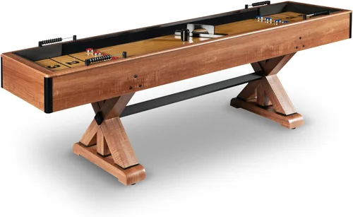 Hathaway Daulton Mesa de shuffleboard de 9 pies para salas de juegos familiares con paredes laterales acolchadas, niveladores de patas, 8 discos,