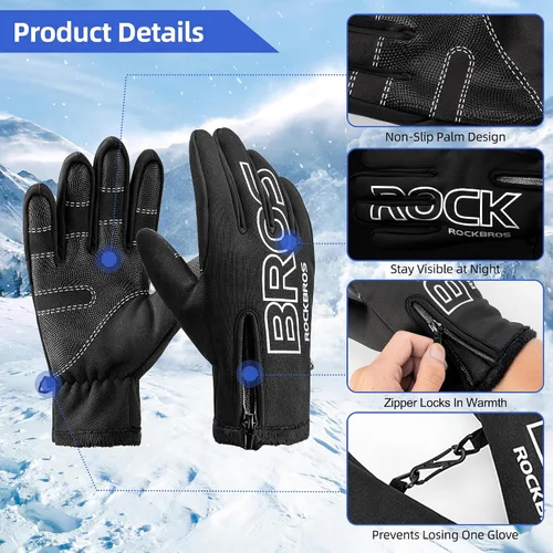 Miniatura 6 de ROCKBROS Guantes de ciclismo de invierno para hombres y mujeres, resistentes al agua, guantes de pantalla táctil que absorben los golpes, guantes