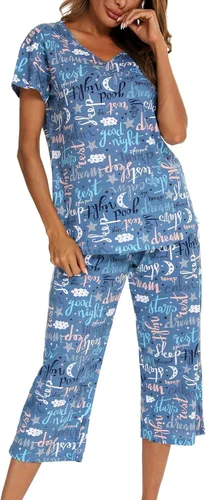 Miniatura 5 de ENJOYNIGHT - Conjunto de pijama para mujer, ropa de dormir de algodón con camiseta y pantalones capri, lindos pijamas
