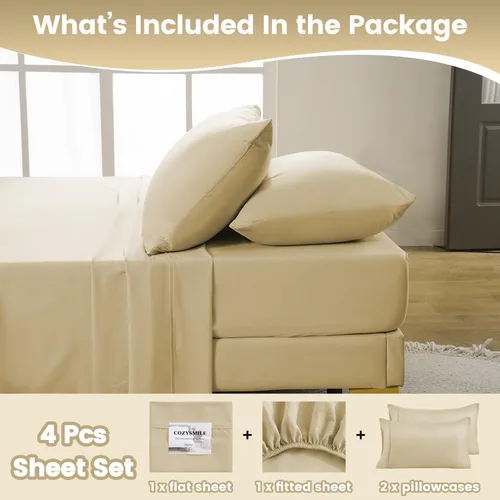 Miniatura 5 de CozySmile Juego de sábanas transpirables y refrescantes, sábanas de lujo de 4 piezas con bolsillo profundo para cama de tamaño matrimonial, se Beige