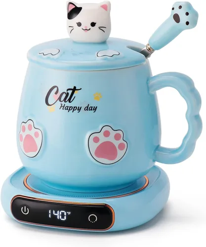 Miniatura 10 de Calentador de tazas de café y lindo juego de tazas de gato, calentador de tazas de bebidas para escritorio, oficina en casa con 4 ajustes