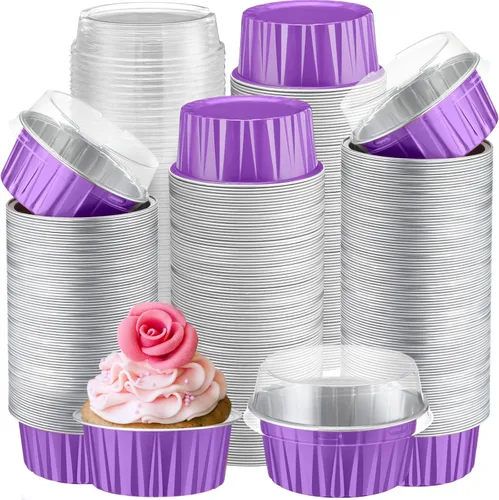 Miniatura 37 de Gejoy 400 Piezas Moldes de Papel de Aluminio para Hornear con Tapas 5 oz Moldes Desechables Ramekins Mini Moldes para Pasteles Crème Brûlée Moldes
