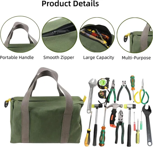 Miniatura 3 de Bolsa de herramientas de boca ancha de lona, bolsa portátil con cremallera, bolsa de almacenamiento de herramientas de gran capacidad