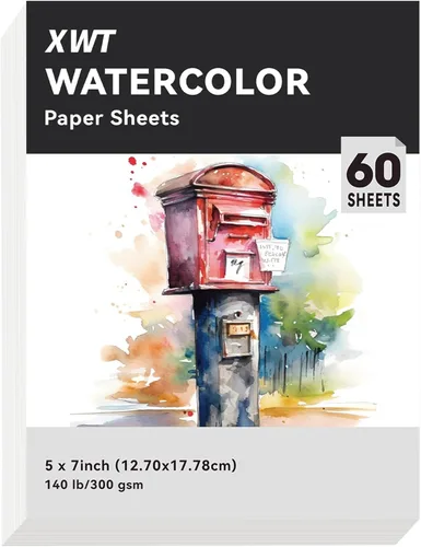 XWT 60 hojas de papel de acuarela a granel, 5 x 7 pulgadas, 140 libras/300 gsm, prensado en frío, sin ácido, blanco natural, texturizado,