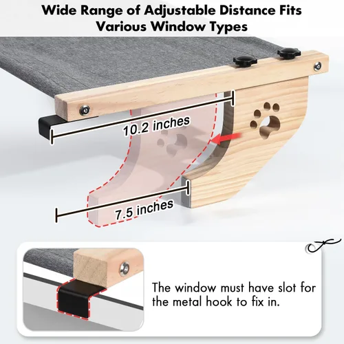 Miniatura 4 de AMOSIJOY Percha de Ventana para Gatos Hamaca de Ventana para Gatos con Marco de Madera y Metal para Gatos Grandes, Fácil de Ajustar Cama de Gato Gris