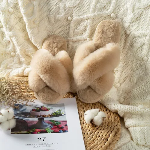 Miniatura 5 de Parlovable Pantuflas peludas para mujer, cómodas con banda cruzada, zapatos de casa de espuma viscoelástica con punta abierta, regalos