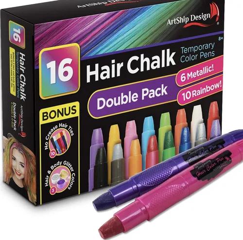 Tiza para el cabello, 16 colores con 6 colores brillantes, bolígrafos temporales de color para el cabello con purpurina y lazos para el cabello sin