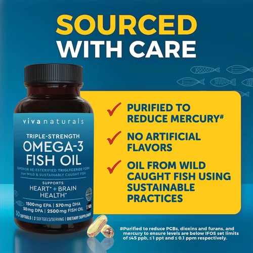 Miniatura 7 de Viva Naturals Aceite de Pescado Omega-3, Triple Fuerza, 2500 mg, 30 Cápsulas Blandas – Ácidos Grasos Omega 3 Re-Esterificados Incluyendo EPA, DHA