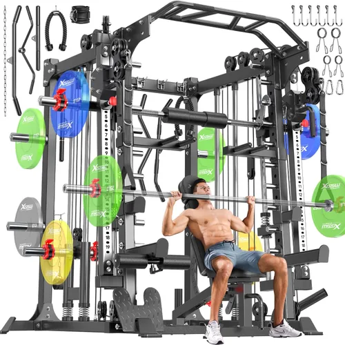 Miniatura 28 de Máquina Smith con sistema de cruce de cables, jaula de potencia multifunción para sentadillas y rack de potencia para gimnasio en casa, rack de Negro
