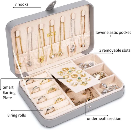 Miniatura 3 de KCY Joyero para mujeres y niñas, estuche organizador de joyas de viaje pequeño, de piel sintética, portátil, cajas de almacenamiento para anillos