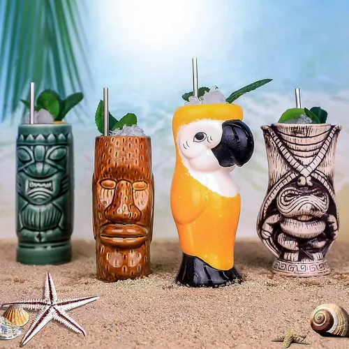 Miniatura 6 de LINALL Juego de 4 tazas de cóctel Tiki – Tazas de cóctel hawaianas de cerámica grandes, vasos de cóctel exóticos, Tiki Bar Profesional Hawaiano