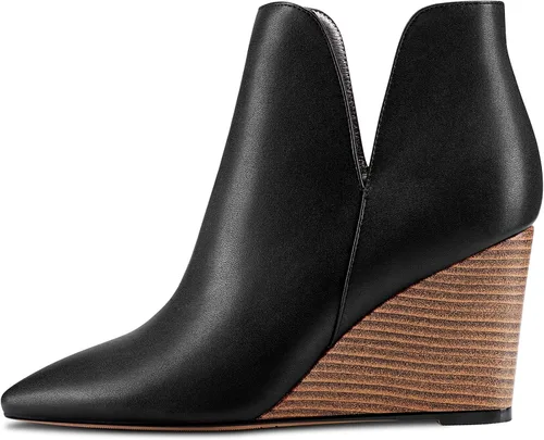 Miniatura 2 de Aachcol Botines de cuña para mujer, botines cortos con punta puntiaguda, tacón alto y grueso, mate, 4 pulgadas