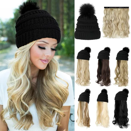 Miniatura 10 de Gorro Peluca Gorro de Lana con Cabello Extensiones Largas Onduladas Gorro de Punto con Pompón Adjunto de 20" Pieza de Cabello Sintética Removible