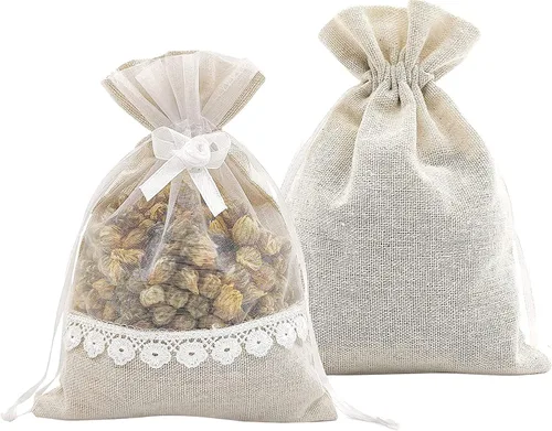 SumDirect Bolsas de arpillera con cordón de rosa – 20 bolsas de regalo de organza de yute de encaje de 5 x 7 pulgadas, bolsas de regalo de lino