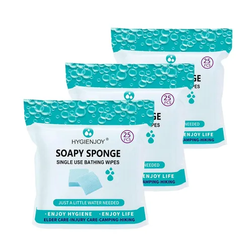 HYGIENJOY Toallitas de limpieza para la piel (75 unidades, 3 paquetes) – Esponja de baño sin enjuague para adultos, extra gruesa, sin residuos,