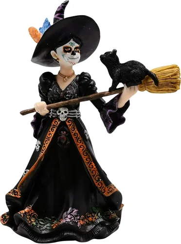 Comfy Hour Figura de bruja de hada oscura de 9 pulgadas en escoba, hechicera gótica con estatua de gato negro, decoración de escritorio de oficina